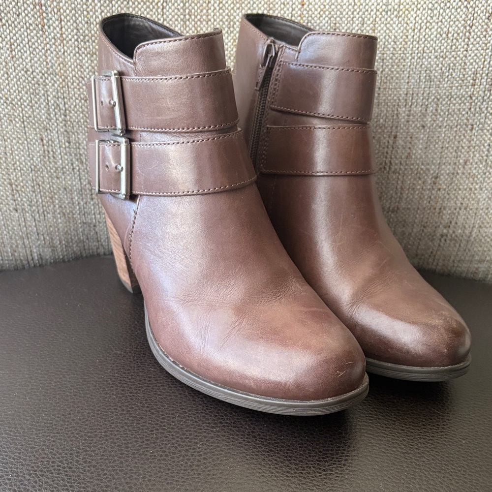 Clarks Brown Leather Ankle Booties with Buckle Straps